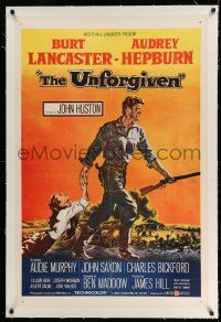 3f392 UNFORGIVEN linen 1sh '60 Frank McCarthy art of Burt Lancaster & Audrey Hepburn, John Huston