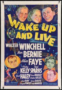 3f398 WAKE UP & LIVE linen 1sh '37 Alice Faye singing into microphone, Walter Winchell, stone litho