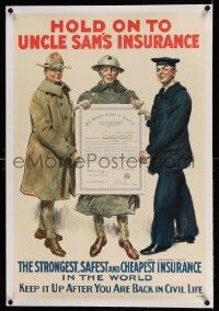 3f015 HOLD ON TO UNCLE SAM'S INSURANCE linen 20x30 WWI war poster '18 James Montgomery Flagg art!
