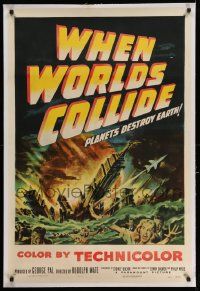 3f404 WHEN WORLDS COLLIDE linen 1sh '51 George Pal classic, best art of Earth skyscapers flooded!