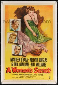 3f412 WOMAN'S SECRET linen 1sh '49 Maureen O'Hara w/gun in Nicholas Ray/Herman J. Mankiewicz noir!