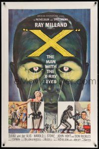 3f414 X: THE MAN WITH THE X-RAY EYES linen 1sh '63 Ray Milland strips souls & bodies, cool art!