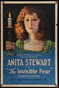 3g430 INVISIBLE FEAR 1sh '21 great stone litho of scared pretty Anita Stewart holding candlestick!