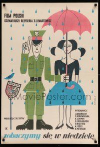 3g276 SEE YOU ON SUNDAY Polish 23x33 '60 Marian Stanchurski art of soldier & girl standing in rain!