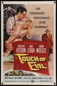 3g172 TOUCH OF EVIL 1sh '58 Bob Tollen art of director/star Orson Welles, Charlton Heston & Leigh!