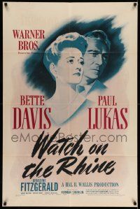 3g173 WATCH ON THE RHINE 1sh '43 art of Bette Davis & Paul Lukas, from Royal Theatre Collection!