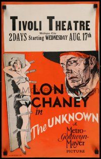 3g052 UNKNOWN WC '27 great art of knife thrower Lon Chaney with sexy assistant Joan Crawford!