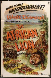 3j021 AFRICAN LION 1sh '55 Walt Disney jungle safari documentary, cool animal artwork!