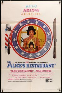 3j025 ALICE'S RESTAURANT 1sh '69 Arlo Guthrie, musical comedy directed by Arthur Penn, R-rated!