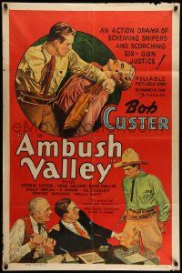 3j032 AMBUSH VALLEY 1sh '36 stone litho of Bob Custer fighting with two other cowboys!