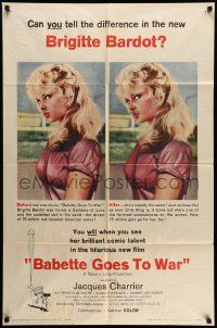 3j061 BABETTE GOES TO WAR 1sh '60 sexy art of soldier Brigitte Bardot, can you tell the difference