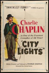 3j169 CITY LIGHTS 1sh R50 full-length artwork of Charlie Chaplin as the Tramp with cane!