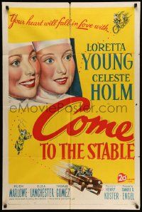 3j183 COME TO THE STABLE 1sh '49 close up art of nuns Loretta Young & Celeste Holm!