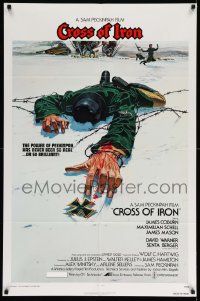 3j192 CROSS OF IRON 1sh '77 Sam Peckinpah, Tanenbaum art of fallen World War II Nazi soldier!