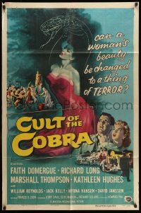 3j195 CULT OF THE COBRA 1sh '55 artwork of sexy Faith Domergue & giant cobra snake!