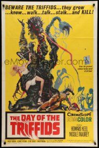 3j214 DAY OF THE TRIFFIDS 1sh '62 classic English sci-fi horror, cool art of monster with girl!