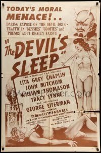 3j230 DEVIL'S SLEEP 1sh '51 Lita Grey Chaplin fights drug traffickers, great red design!