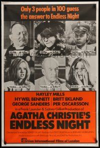 3j275 ENDLESS NIGHT English 1sh '72 Hayley Mills in Agatha Christie best seller, Britt Ekland!