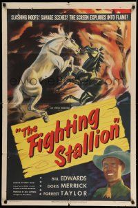 3j298 FIGHTING STALLION 1sh '50 cool wild horse fight artwork, the screen explodes into flame!