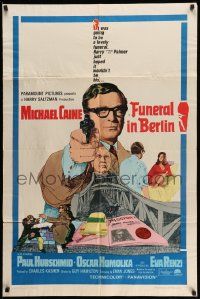 3j329 FUNERAL IN BERLIN 1sh '67 cool art of Michael Caine pointing gun, directed by Guy Hamilton!