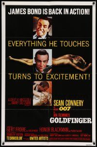 3j366 GOLDFINGER 1sh R80 3 images of Sean Connery as James Bond + golden Shirley Eaton!
