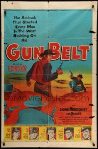 3j386 GUN BELT 1sh '53 artwork of cowboys George Montgomery & Tab Hunter in gunfight!