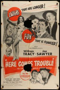 3j412 HERE COMES TROUBLE 1sh '48 sexy Beverly Loyd in gay, new Cinecolor!