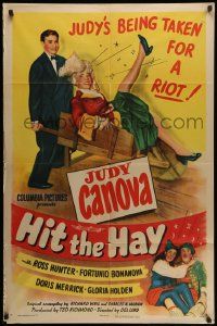 3j419 HIT THE HAY 1sh '45 Judy Canova & Ross Hunter, she's being taken for a riot!