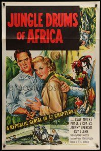 3j468 JUNGLE DRUMS OF AFRICA 1sh '52 Clayton Moore with gun & Phyllis Coates, Republic serial!