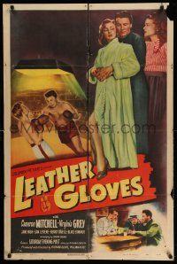 3j506 LEATHER GLOVES 1sh '48 boxing Cameron Mitchell takes a swing, holds Virginia Grey!