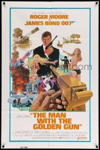 3j549 MAN WITH THE GOLDEN GUN TA style 1sh '74 art of Roger Moore as James Bond by Robert McGinnis!