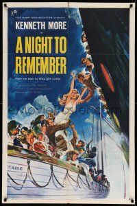 3j628 NIGHT TO REMEMBER 1sh '59 English Titanic biography, John Floherty Jr. art of tragedy!