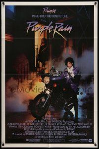 3j693 PURPLE RAIN int'l 1sh '84 great image of Prince on motorcycle, in his first motion picture!