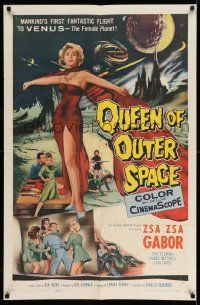 3j696 QUEEN OF OUTER SPACE 1sh '58 artwork of sexy full-length Zsa Zsa Gabor on Venus!