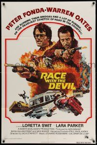 3j697 RACE WITH THE DEVIL style A 1sh '75 Peter Fonda & Warren Oates are burning bridges & rubber!