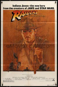 3j701 RAIDERS OF THE LOST ARK 1sh '81 great art of adventurer Harrison Ford by Richard Amsel!