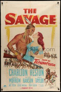 3j743 SAVAGE 1sh '52 art of Native American Charlton Heston holding pretty Susan Morrow!