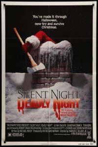 3j776 SILENT NIGHT, DEADLY NIGHT 1sh '84 close up of killer Santa Claus w/axe going down chimney!