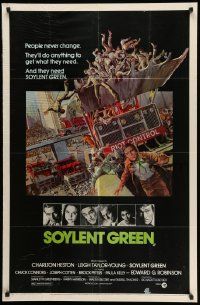 3j804 SOYLENT GREEN 1sh '73 art of Charlton Heston trying to escape riot control by John Solie!