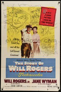 3j828 STORY OF WILL ROGERS 1sh '52 Will Rogers Jr. as his father, Jane Wyman, cool art!