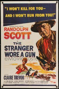 3j836 STRANGER WORE A GUN 1sh R61 cool art of cowboy Randolph Scott, sexy Claire Trevor!