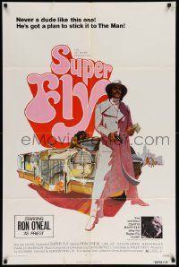 3j845 SUPER FLY 1sh '72 great artwork of Ron O'Neal with car & girl sticking it to The Man!