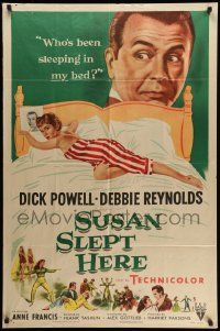 3j848 SUSAN SLEPT HERE style A 1sh '54 sexy Debbie Reynolds sprawled out on bed + Dick Powell!