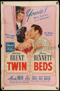 3j925 TWIN BEDS 1sh '42 wacky artwork of George Brent, Joan Bennett & Mischa Auer!
