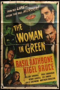 3j981 WOMAN IN GREEN 1sh '45 Rathbone as Sherlock Holmes, her lips had poison that bred murder!