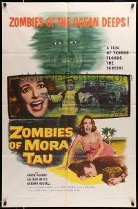 3j998 ZOMBIES OF MORA TAU 1sh '57 three men and an old woman surround sexy Allison Hayes!