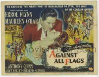 3k087 AGAINST ALL FLAGS TC '52 romantic c/u of Errol Flynn & Maureen O'Hara + cool pirate art!