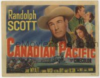 3k156 CANADIAN PACIFIC TC '49 cowboy Randolph Scott, Jane Wyatt, Nancy Olson, cool train art!
