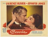 3k618 CARRIE LC #7 '52 romantic close up of Laurence Olivier & Jennifer Jones, William Wyler