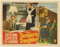 3k669 FARMER'S DAUGHTER LC #4 '47 maid Loretta Young watches Joseph Cotten reading & writing!